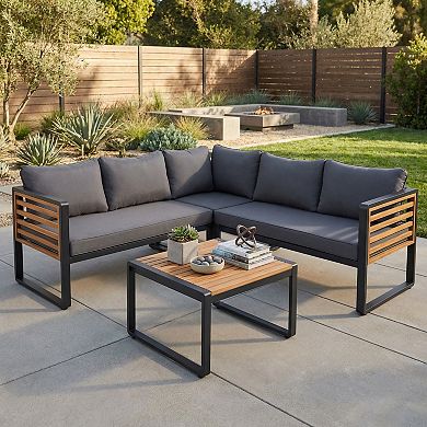 Eazegath 4-Piece Outdoor Metal and Wood L-Shaped Sectional Sofa Set with Coffee Table and Cushions