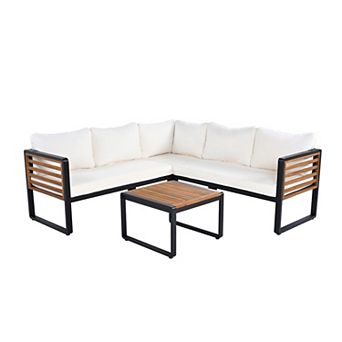 Eazegath 4 pc Outdoor Metal and Wood L-Shaped Sectional Sofa Set with Coffee Table and Cushions