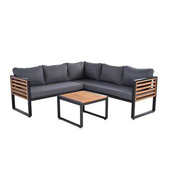 Eazegath 4 pc Outdoor Metal and Wood L-Shaped Sectional Sofa Set with Coffee Table and Cushions