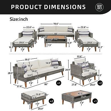 Eazegath 6-Piece Outdoor Wicker Conversation Sofa Set with Coffee Table and Ottomans