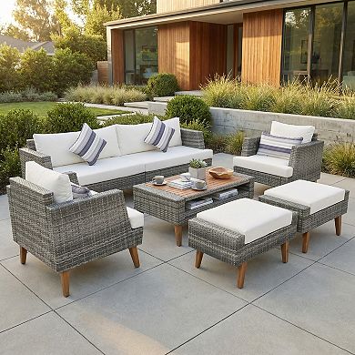 Eazegath 6-Piece Outdoor Wicker Conversation Sofa Set with Coffee Table and Ottomans