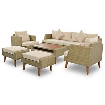 Eazegath 6 pc Outdoor Wicker Conversation Sofa Set with Coffee Table and Ottomans