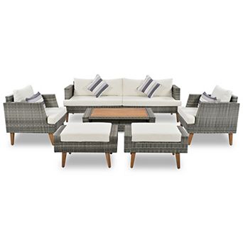 Eazegath 6 pc Outdoor Wicker Conversation Sofa Set with Coffee Table and Ottomans