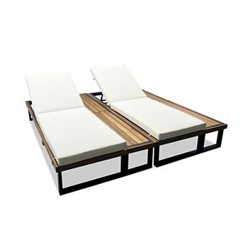 Eazegath Set of 2 Outdoor Wood and Iron 5-Position Adjustable Chaise Lounge Chairs with Cushions