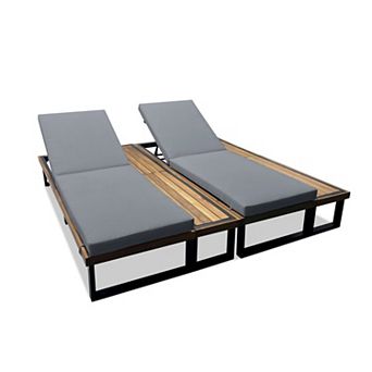 Eazegath Set of 2 Outdoor Wood and Iron 5-Position Adjustable Chaise Lounge Chairs with Cushions