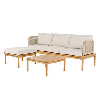 Eazegath 3 pc Outdoor Acacia Wood Conversation Sofa Set with Coffee Table and Ottoman