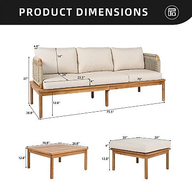 Eazegath 3-Piece Outdoor Acacia Wood Conversation Sofa Set with Coffee Table and Ottoman