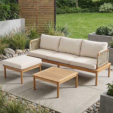Eazegath 3-Piece Outdoor Acacia Wood Conversation Sofa Set with Coffee Table and Ottoman