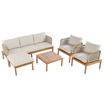 Eazegath 5 pc Outdoor Acacia Wood Conversation Sofa Set with Coffee Table and Ottoman