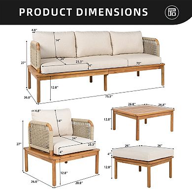 Eazegath 5-Piece Outdoor Acacia Wood Conversation Sofa Set with Coffee Table and Ottoman