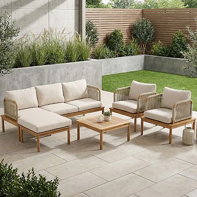 Eazegath 5-Piece Outdoor Acacia Wood Conversation Sofa Set with Coffee Table and Ottoman