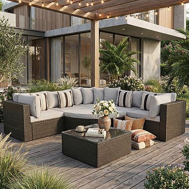 Eazegath 7-Piece Outdoor Wicker Sectional Sofa Set with Cushions and Coffee Table