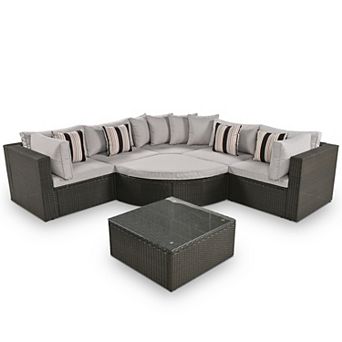 Eazegath 7 pc Outdoor Wicker Sectional Sofa Set with Cushions and Coffee Table