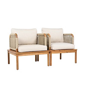 Eazegath Outdoor Acacia Wood and Rope Club Sofa Chairs with Cushions, 2 pc