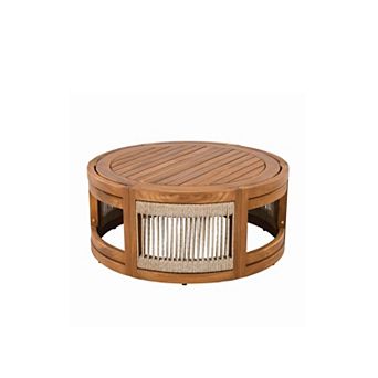 Eazegath 27.95" Outdoor Patio Acacia Wood Round Coffee Table with Woven Rope