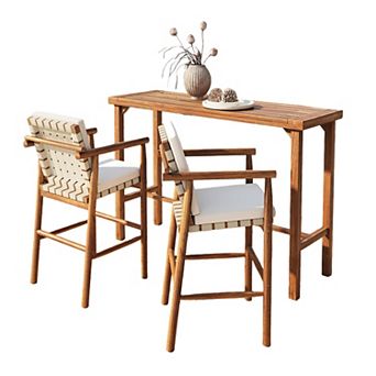 Eazegath 3 pc Outdoor Acacia Wood Bar Set with 1 Table and 2 Armchairs