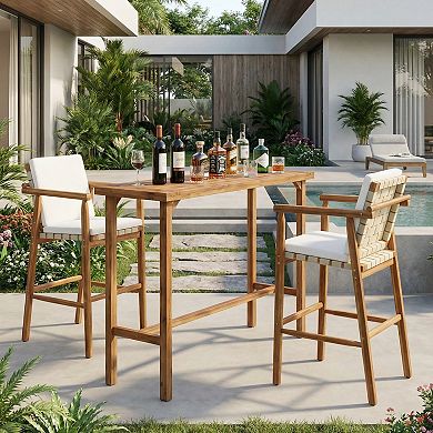 Eazegath 3-Piece Outdoor Acacia Wood Bar Set with 1 Table and 2 Armchairs