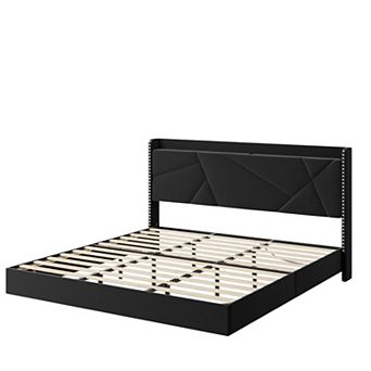 Floating Bed Frame with LED Lights & Charging Station, Upholstered Platform Beds