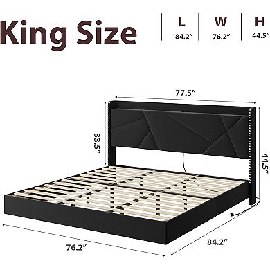 Floating Bed Frame with LED Lights & Charging Station, Upholstered Platform Beds