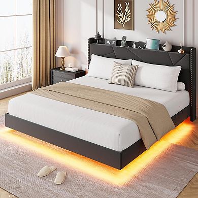 Floating Bed Frame with LED Lights & Charging Station, Upholstered Platform Beds