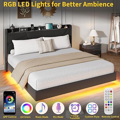 Floating Bed Frame with LED Lights & Charging Station, Upholstered Platform Beds