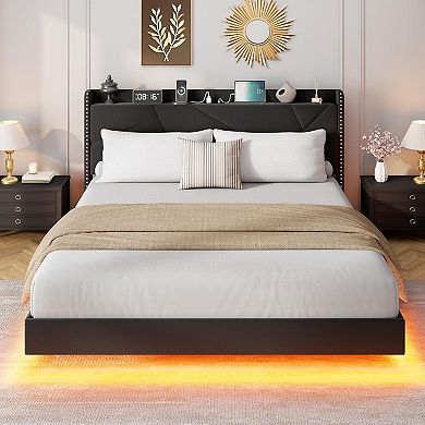 Floating Bed Frame with LED Lights & Charging Station, Upholstered Platform Beds