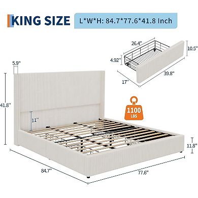 Bed Frame with Storage Drawers, Corduroy Upholstered Platform with Wingback, No Box Spring Needed