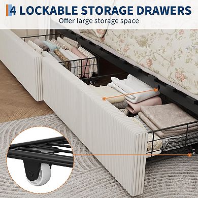 Bed Frame with Storage Drawers, Corduroy Upholstered Platform with Wingback, No Box Spring Needed