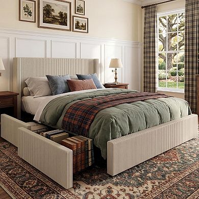 Bed Frame with Storage Drawers, Corduroy Upholstered Platform with Wingback, No Box Spring Needed