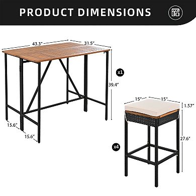 Eazegath 10-Piece Outdoor Acacia Wood Foldable Bar Table Set with 8 Stools and Cushions