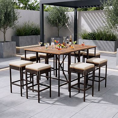 Eazegath 10-Piece Outdoor Acacia Wood Foldable Bar Table Set with 8 Stools and Cushions