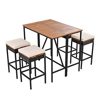 Eazegath 5 pc Outdoor Acacia Wood Foldable Bar Table Set with 4 Stools and Cushions