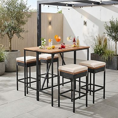 Eazegath 5-Piece Outdoor Acacia Wood Foldable Bar Table Set with 4 Stools and Cushions