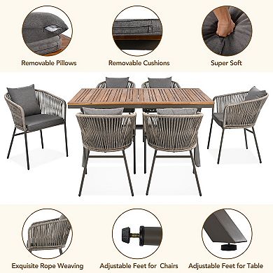 Eazegath 7-Piece Outdoor Wood and Metal Rectangular Dining Set with 6 Chairs and Cushions