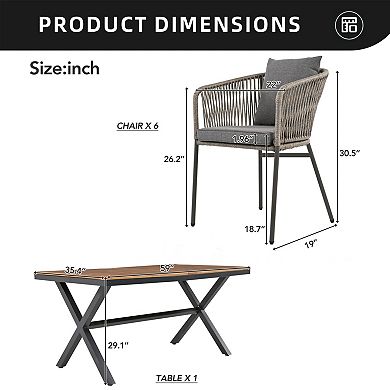 Eazegath 7-Piece Outdoor Wood and Metal Rectangular Dining Set with 6 Chairs and Cushions