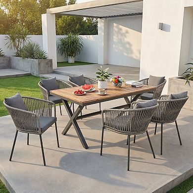 Eazegath 7-Piece Outdoor Wood and Metal Rectangular Dining Set with 6 Chairs and Cushions