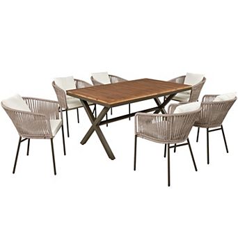 Eazegath 7 pc Outdoor Wood and Metal Rectangular Dining Set with 6 Chairs and Cushions