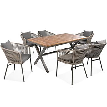 Eazegath 7 pc Outdoor Wood and Metal Rectangular Dining Set with 6 Chairs and Cushions