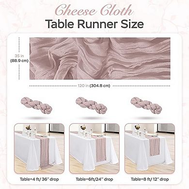 3-Pack Dusty Pink Table Runners Boho Gauze, Rustic Decor