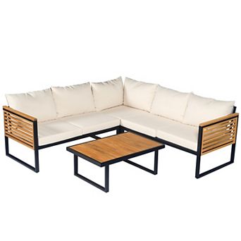 Eazegath 4 pc Outdoor Acacia Wood and Metal Sectional Sofa Set with Coffee Table and Cushions