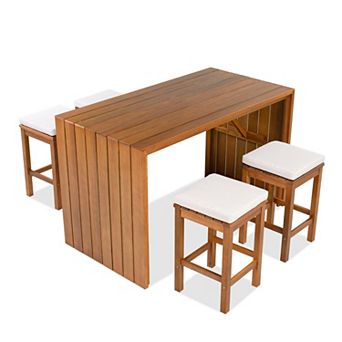 Eazegath 5 pc Outdoor Acacia Wood Bar Table Set with 4 Stools and Cushions