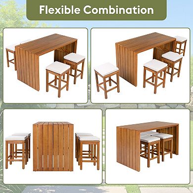 Eazegath 5-Piece Outdoor Acacia Wood Bar Table Set with 4 Stools and Cushions