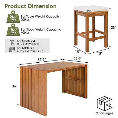 Eazegath 5-Piece Outdoor Acacia Wood Bar Table Set with 4 Stools and Cushions