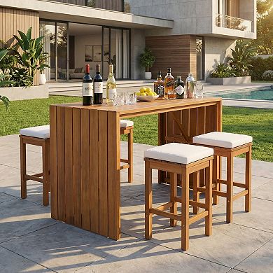 Eazegath 5-Piece Outdoor Acacia Wood Bar Table Set with 4 Stools and Cushions