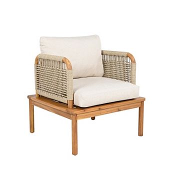 Eazegath Outdoor Acacia Wood and Rope Club Sofa Chair with Cushions, 1 pc