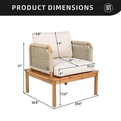 Eazegath Outdoor Acacia Wood and Rope Club Sofa Chair with Cushions, 1-Piece