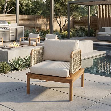 Eazegath Outdoor Acacia Wood and Rope Club Sofa Chair with Cushions, 1-Piece
