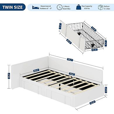 Daybed with 2 Storage Drawers, Corner Bed Frame with Extended Headboard and Bed Rails