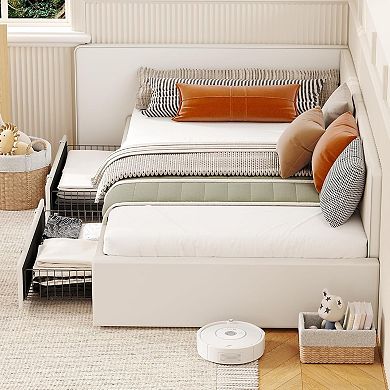 Daybed with 2 Storage Drawers, Corner Bed Frame with Extended Headboard and Bed Rails
