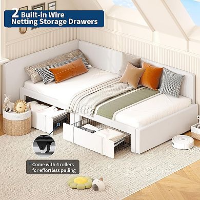 Daybed with 2 Storage Drawers, Corner Bed Frame with Extended Headboard and Bed Rails